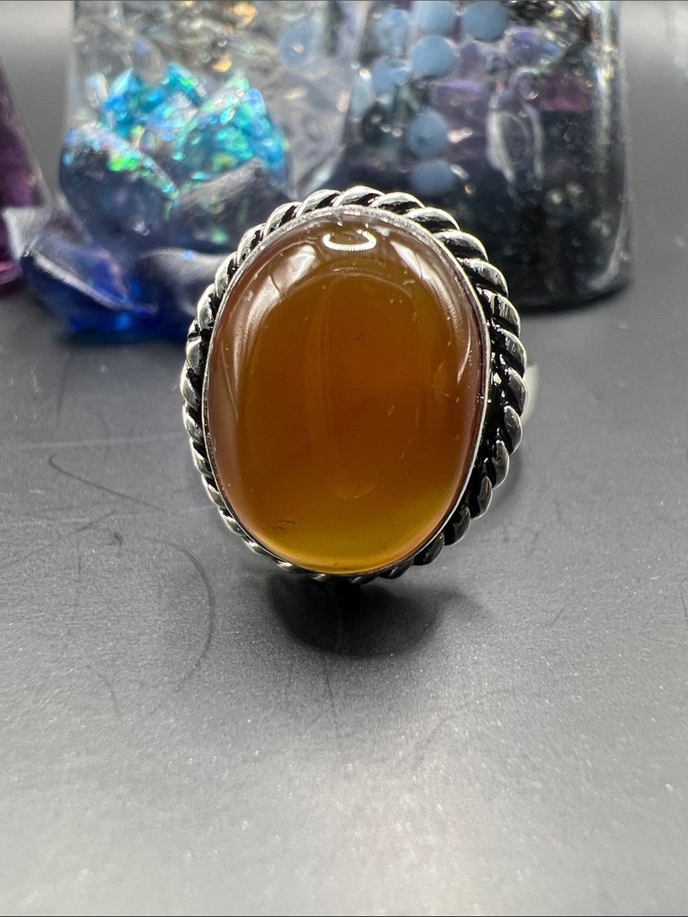 Oval Honey Agate Statement Ring Size 8